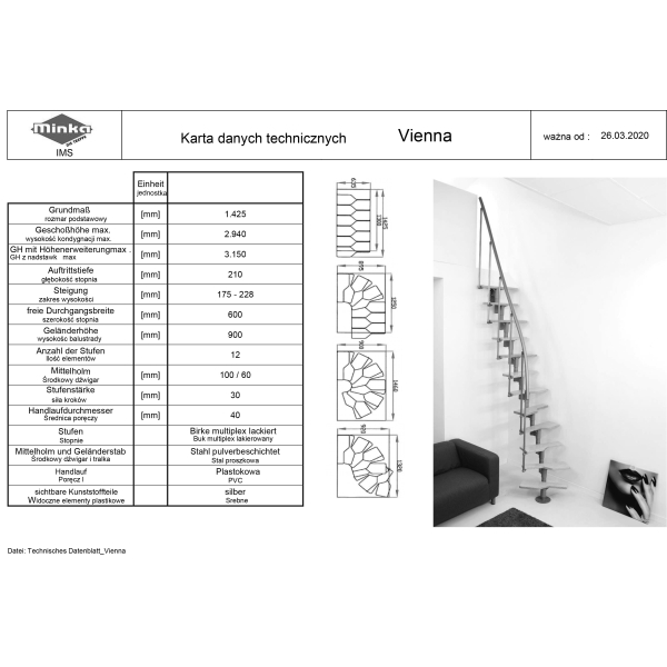 Mini schody modułowe Minka VIENNA Białe/ Bukowe/ do 296 cm.
